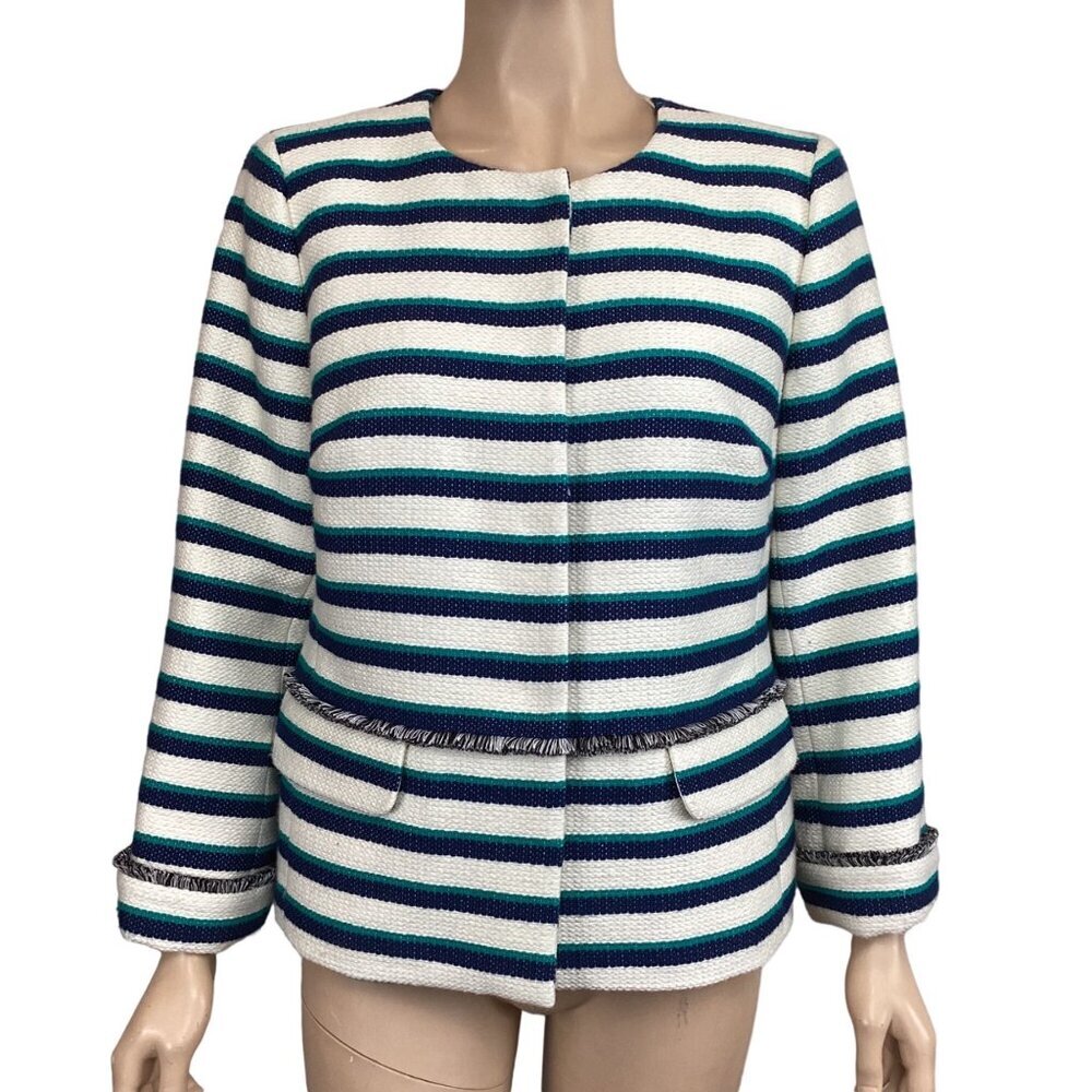 Talbots Striped‎ Fringe Trim Jacket Size 6 Long Sleeve Blue & White Coat